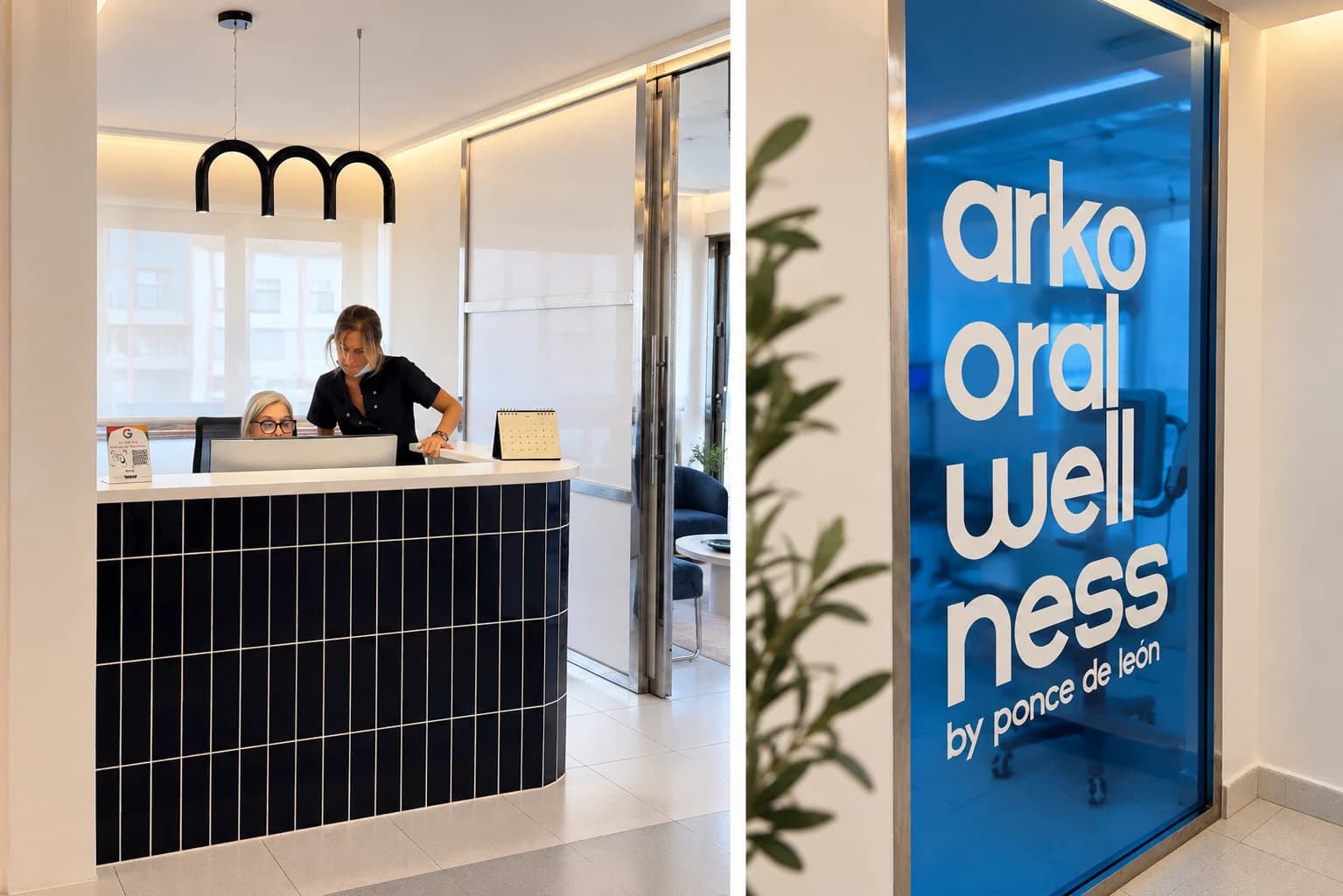 La recepción de la clínica y el cristal con la marca arko